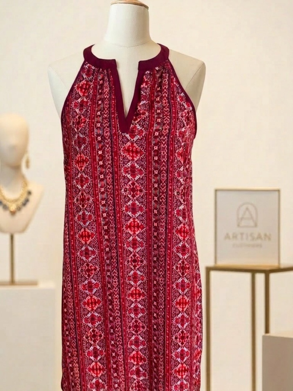 Sleeveless Burgundy Patterned Halter Dress
